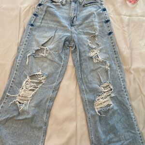 Blue Flare Wide Leg Distressed Jeans